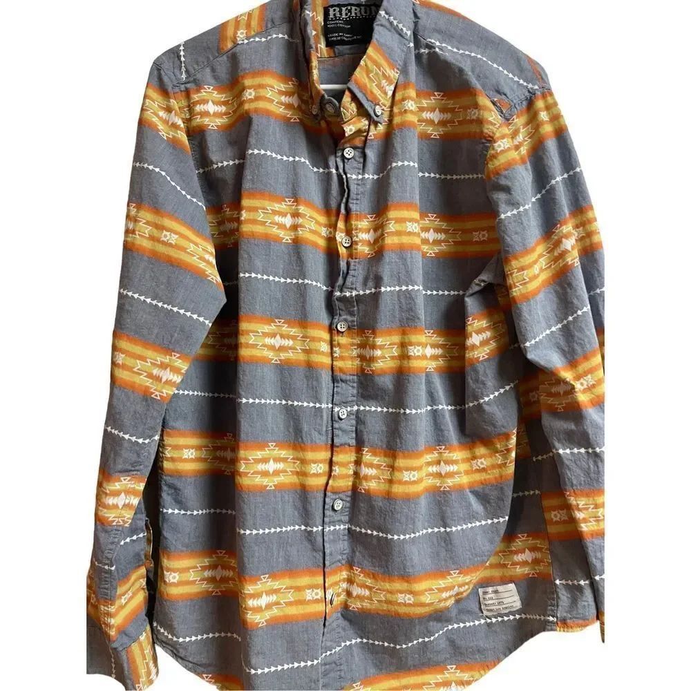 Rerun Men's Multi Color Aztec Tribal Pattern Button Down Long Sleeves Size L